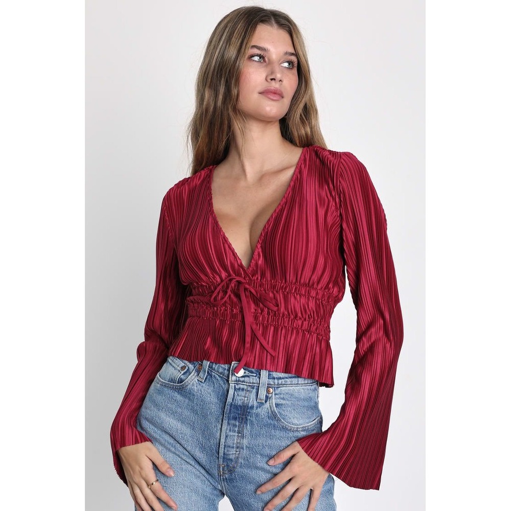 Lulus Burgundy Pleated V-Neck Tie Front Smocked Peplum Top Medium New